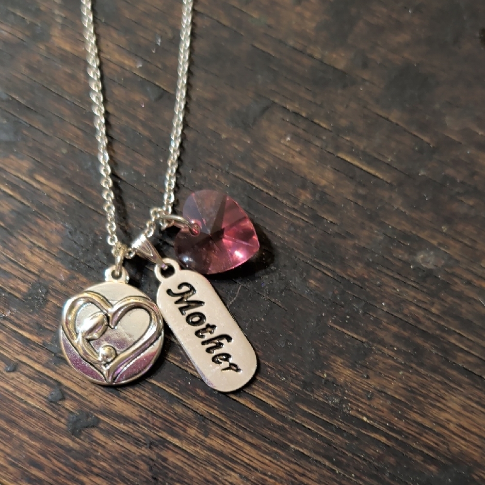 Source Unknown Silver 'Mother' Pendant Necklace with Pink Heart Crystal
